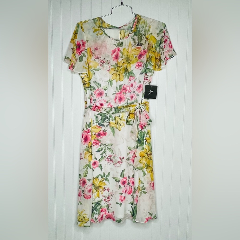 Jessica Howard White Floral A-Line Dress with Pink and Yellow Blooms